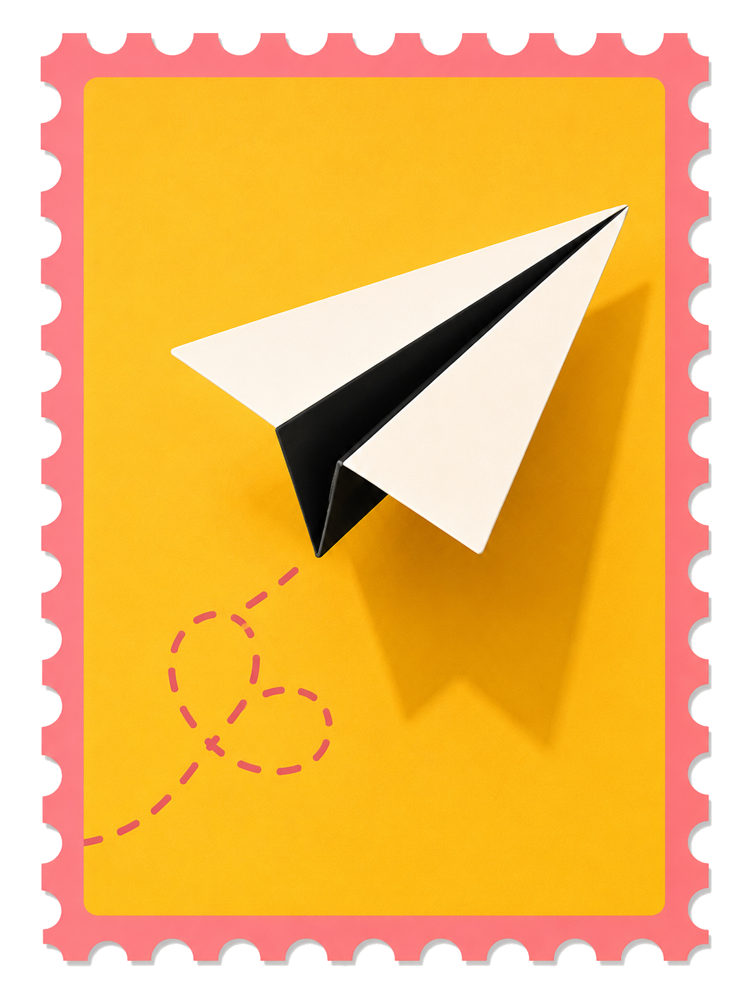 Postage stamp illustration of a paper airplane on yellow