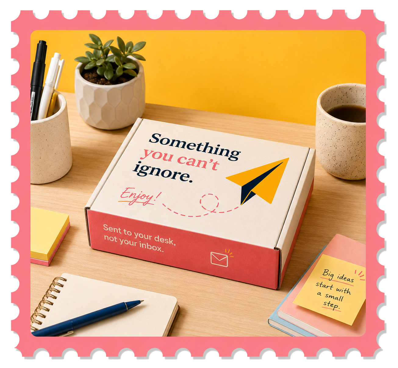 Postage stamp illustration of a branded Bil Bareed mailer box on a desk