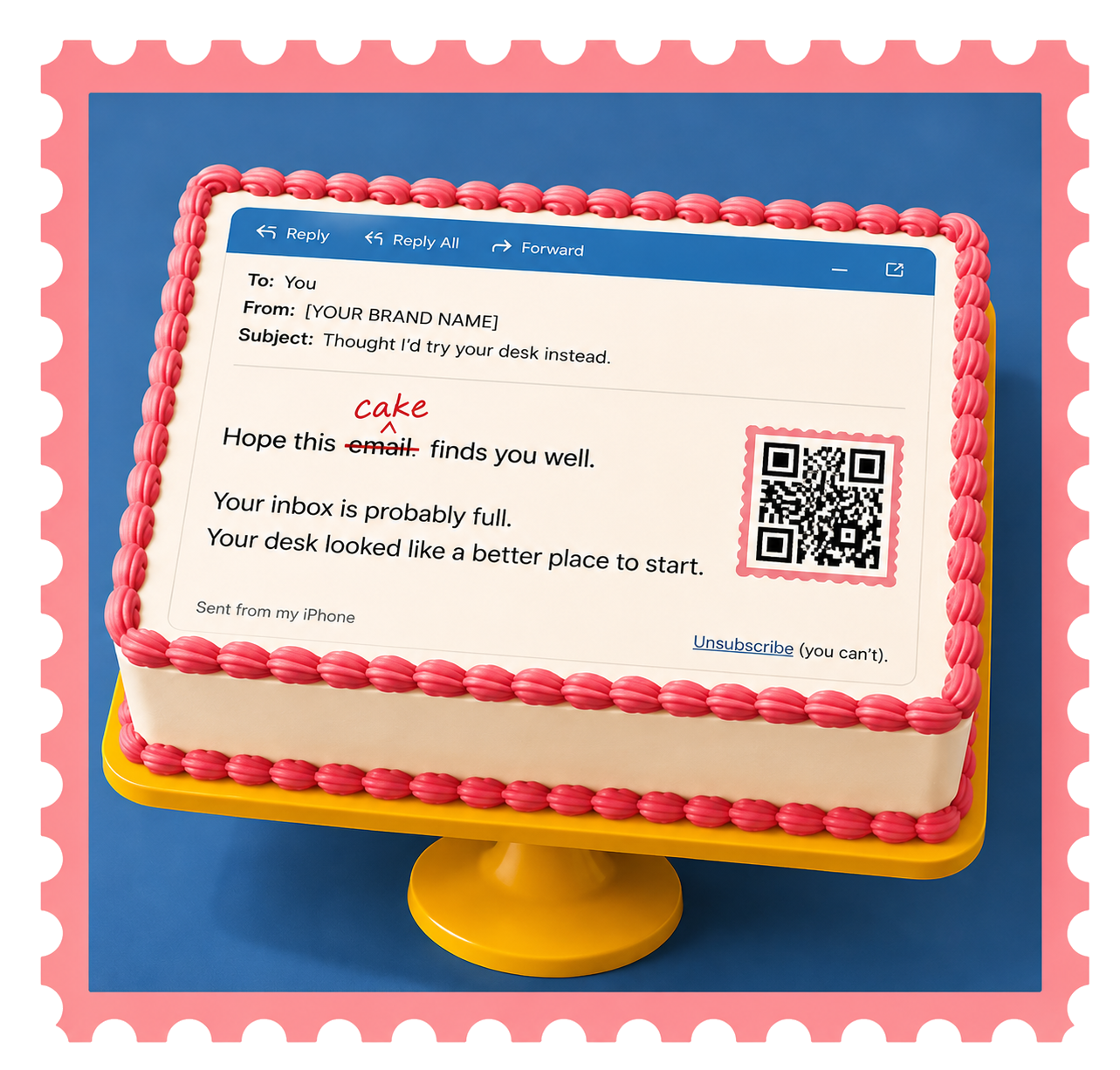 Postage stamp illustration of a sheet cake iced like an email, reading Hope this cake finds you well